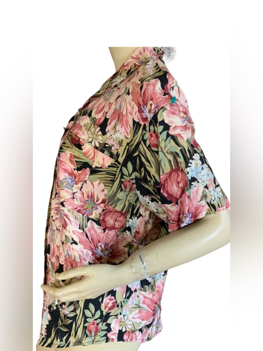 VINTAGE 1980'S PINK, BLACK & GREEN FLORAL PRINT TEDDI BLOUSE (MP) - Picture 4 of 13